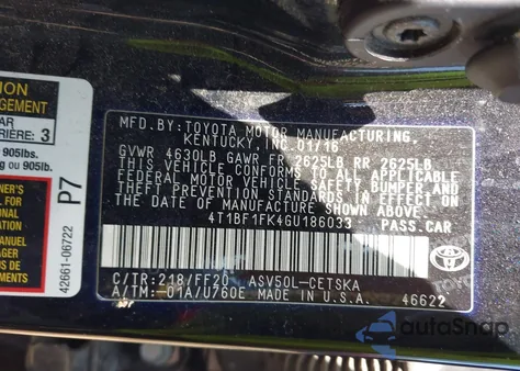 2016 Toyota Camry Se from USA, damaged, VIN 4T1BF1FK4GU186033